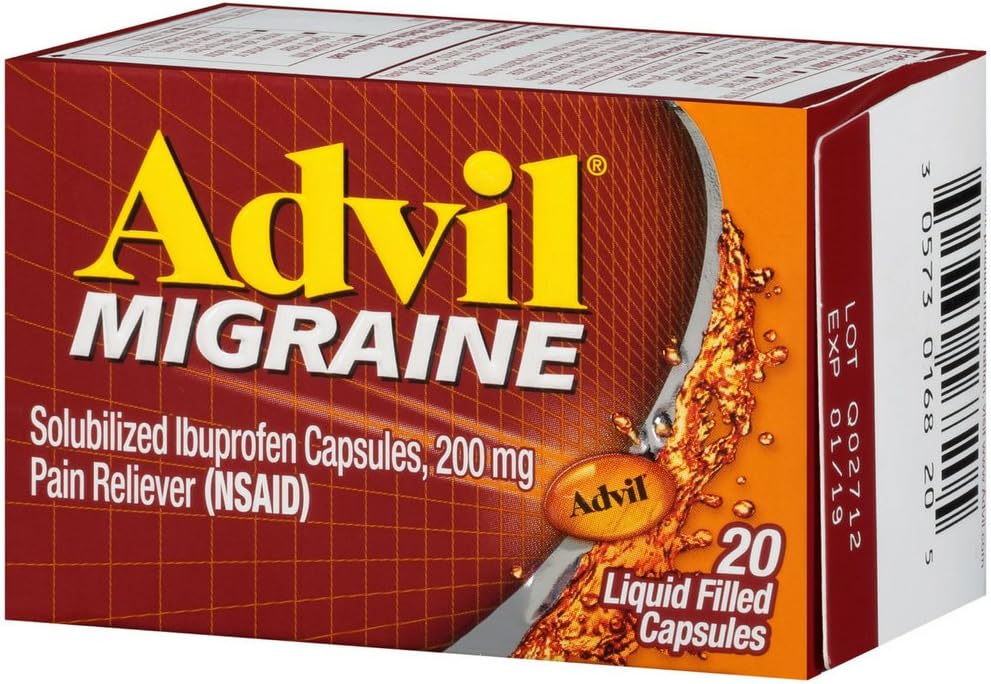 Advil Migraine Pain Reliever, Solubilized Ibuprofen 200mg, 20 Count, Liquid Filled Capsule, Potente Rilievo di Migraina