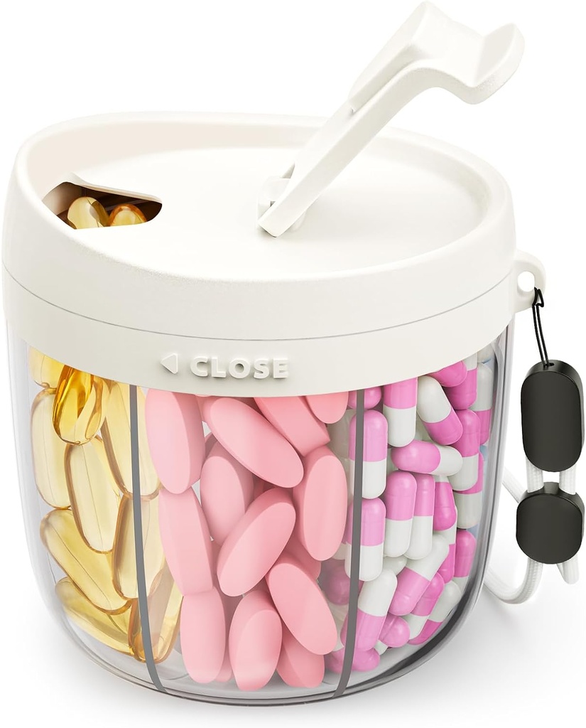 Distributeur de pilules mignon avec 7 grands compartiments, organisateur de bouteille de pilule portable avec large ouverture pour une utilisation facile, organisateur de pilules anti-Mix pour les voyages, conteneur de pilules sans BPA, blanc