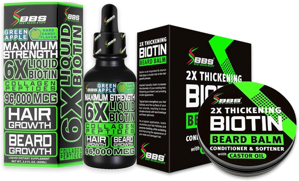 Bart-Wachstums-Kit w/ 2X Verdüngende Biotin Bart Balm & Mustache Wax + 6X flüssiges Biotin mit Collagen Peptiden für Gesichts-Haarwachstum - Formuliert in Amerika