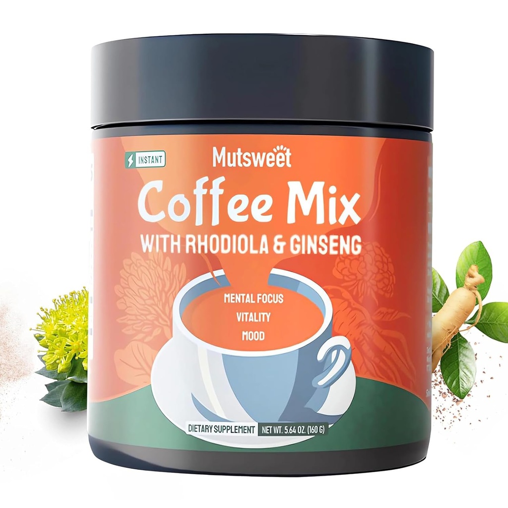 Mutsweet Rhodiola Rosea mélange de café instantané avec supplément de ginseng, 40 portions, café poudre alternative, extrait de ginseng, l'énergie de soutien du café au sol, l'humeur, le stress, l'endurance