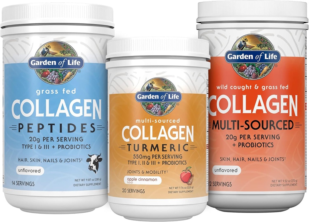 Garten des Lebens Collagen Bundle: Gras Fed Peptide Unflavored 14 Servierungen + Collagen Turmeric Apple Cinnamon 20 Servierungen + Multi-Sourced Collagen Unflavored Powder 12 Scoops, Haar, Haut, Nails Joints