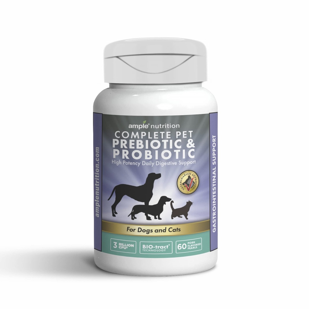 Ample Nutrition Complete Pet Prebiotic + Probiotic für Hunde & Katzen, 60ct Pork Flavored Pearls