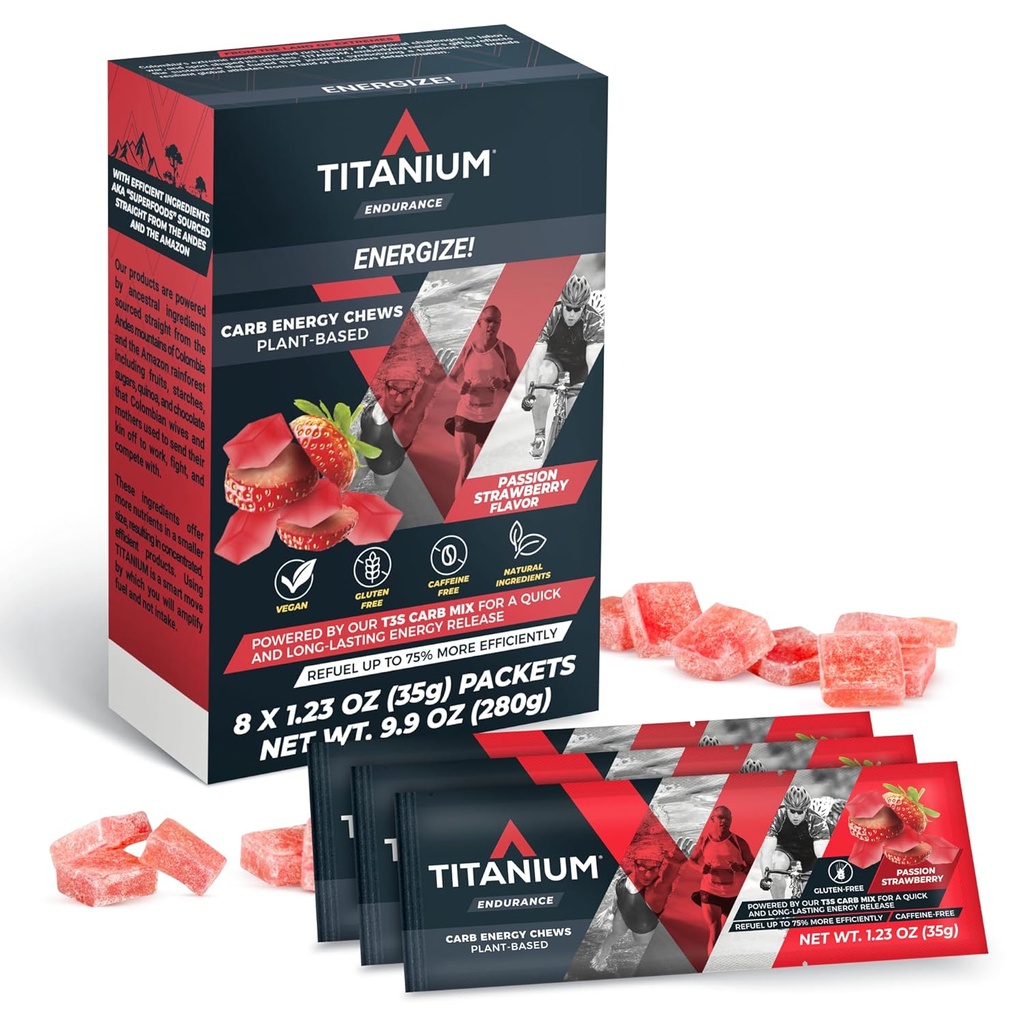 TITANIUM Energy Chews for Running, Ciclismo - Gummie Natural Endurance per l'energia vegetale a Re Fuel - Integratori energetici - Preworkout Snack Bloks - Più veloce di Energy Gel - No Caffeine - 8 Count