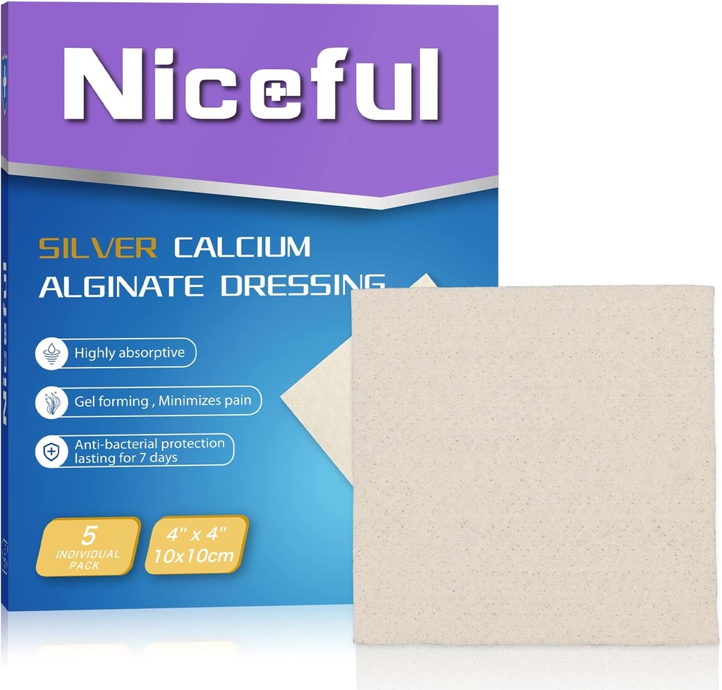 Silber Kalzium Wound Dressing 4X4, HSA FSA Eligable, hoch absorbierende Ag Silber Kalzium Alginat Wound Dressing Pads weich, 5 Stück