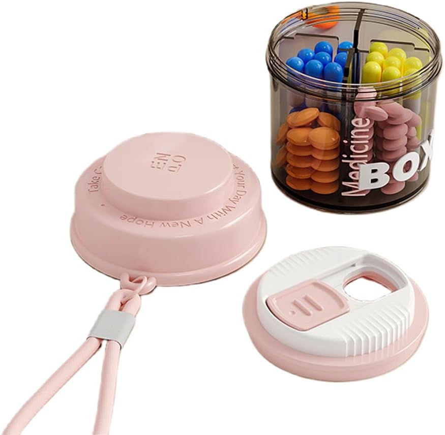 Pink Pille Box für Frauen Geldbörse, Kleine Pille Box, Reise Pille Organizer, 4 Fächer für Pill Bottles, passt in Tasche, Handtasche Pille Organizer, Reise Pille Fall (Pink)