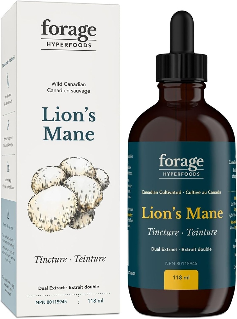 Forage Hyperfoods- Original Canadian Grown Lion's Mane Mushroom Superfood Liquid Supplement Extract Tincture, Vegan, Non-GMO, Natural Brain Aid- Memory Improvement und Nerve Support 118ML