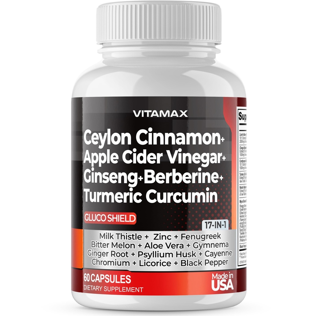 Ceylon Cinnamon, Apfelessig, Kurkuma - Gluco Health Support - Panax Ginseng, Berberine, Bitter Melon Milk Thistle Fenugreek - Non GMO – Made in USA – 60ct