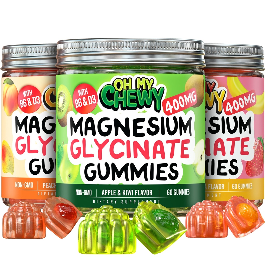 Magnesio Gummies Variety Pack – 3 bottiglie (60 ciascuna) – Fragola Banana, Mela Kiwi & Peach Mango