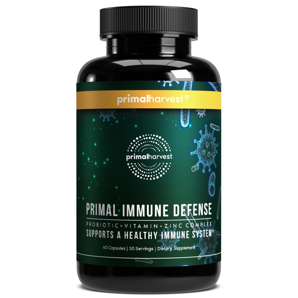 Primal Harvest Difesa Immune Primal 10-in-1 Supplemento di Difesa Immune: con 7 miliardi di CFU Probiotici, Zinco, Vitamine C, B6, D3, K2 - Booster Immune per Adulti 60 capsule (1 pacchetto)