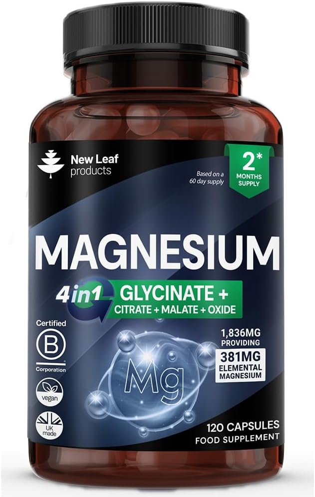 Magnésium Glycinate 4-en-1 Complexe 2000mg - 449mg Elemental Magnésium High Strength Magnésium Suppléments - Magnésium Bisglycinate,Citrate, Malate, Oxyde - 120 Capsules - Vegan UK Fabriqué par New Leaf
