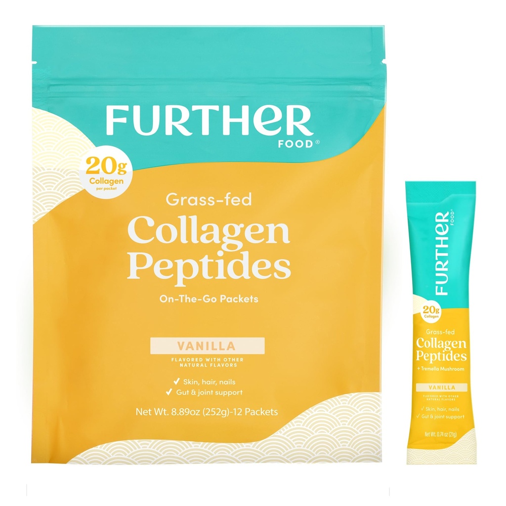 Ulteriore Cibo Vanilla Collagen Peptides polvere Stick Packs, Grass-Fed Pasture-Raised Hydrolyzed Tipo 1 & 3 Protein, Gut Health + Joint, Hair, Skin, Nails, Paleo Keto Sugar-Free 8.89 oz