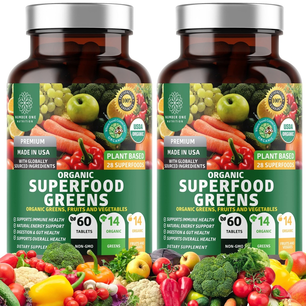 2-Pack N1N Premium Organic Green Superfood, Fruits & Veggies [28 potenti ingredienti] Integratore naturale con Alfalfa, Radice di barbabietola & Tart Cherry per l'energia, l'immunità, la digestione, 120 Ct