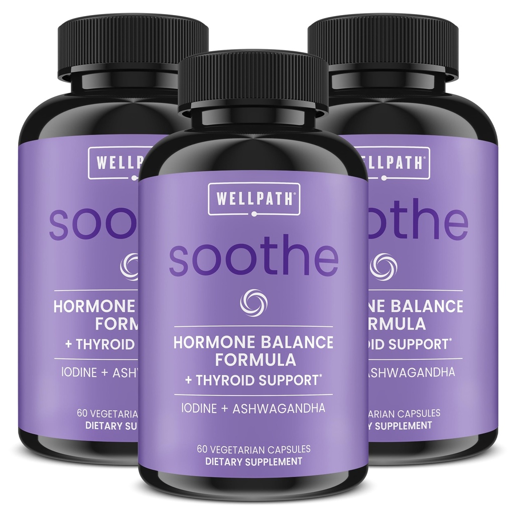 Soothe Hormon Balance für Frauen + Schilddrüse Unterstützung für Frauen (3-Pack) | Cortisol Manager, Mood Unterstützung, & Metabolismus Booster | Adrenal Support | Rhodiola, Selen, Iodine | Adaptogene, 180 ct