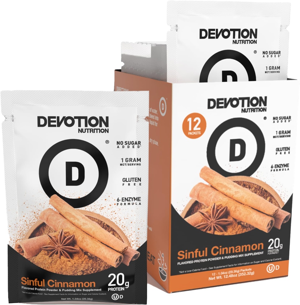 Miscela di proteina di nutrimento di devozione | Gluten Free, Keto Friendly, Non Aggiunto Zuccheri | 1g MCT | 20g Whey & Micellar Protein | 12 Count Packets (cannella piena)