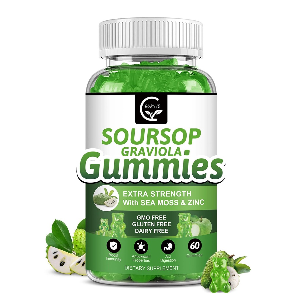 Organic Soursop Graviola Gummies - 2200mg Extra Forza Soursop Foglie estratto w/Sea Moss Extract 200mg, Zinc & Vitamina C - Supporta Immunity, Liver, Zzz & Antioxidant, Gluten Free, Vegan, 60 Gummies