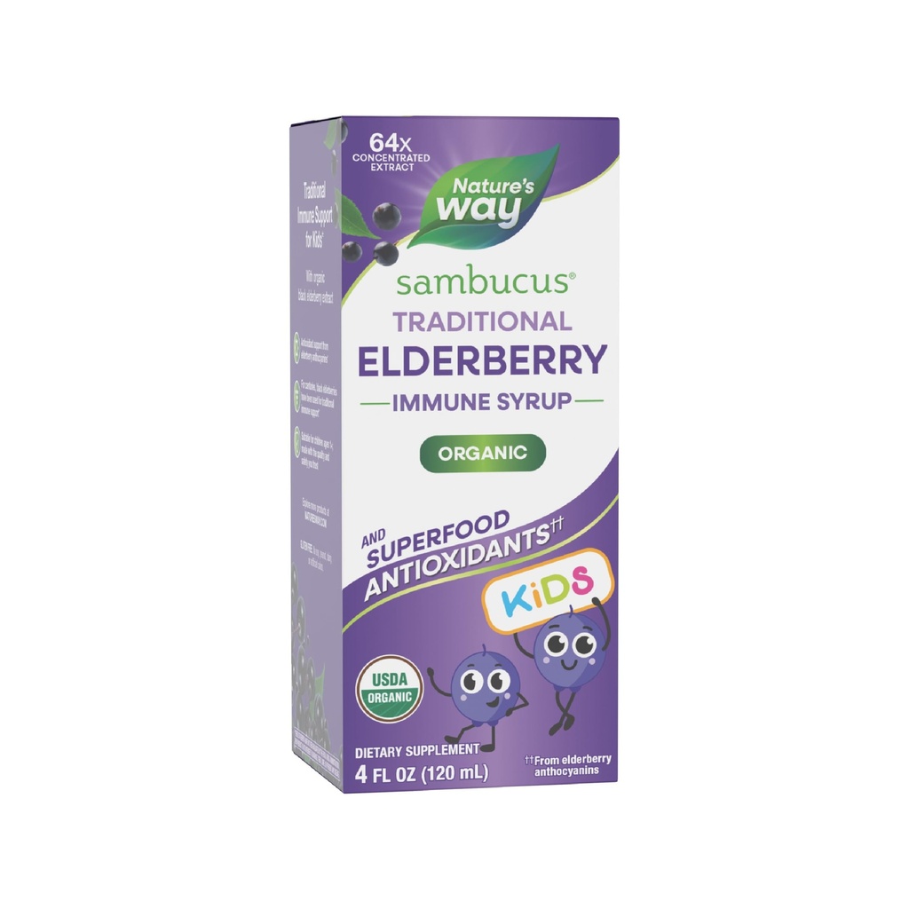 Sciroppo Immune Tradizionale Sambucus Elderberry per Età 1+, Supporto Immune Tradizionale*, Supporto Antiossidante*, Estratto di Mirtillo Nero, Organico Certificato USDA, 4 Fl Oz
