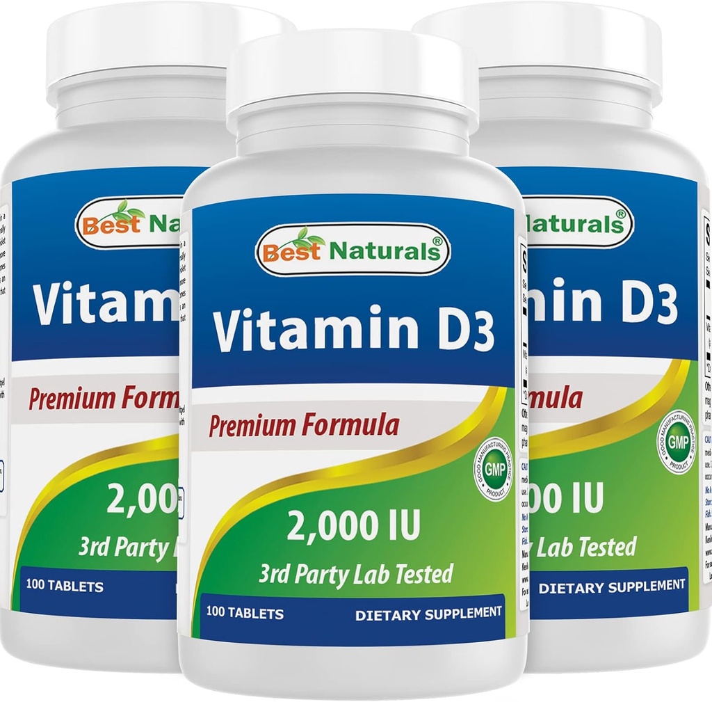 Meilleurs naturels Vitamine D3 2000 UI (50 μg) - 100 comprimés - 100 jours d'approvisionnement - aide à soutenir la santé immunitaire, les os et les dents forts, et la fonction musculaire (100 comtes (paquet de 3))