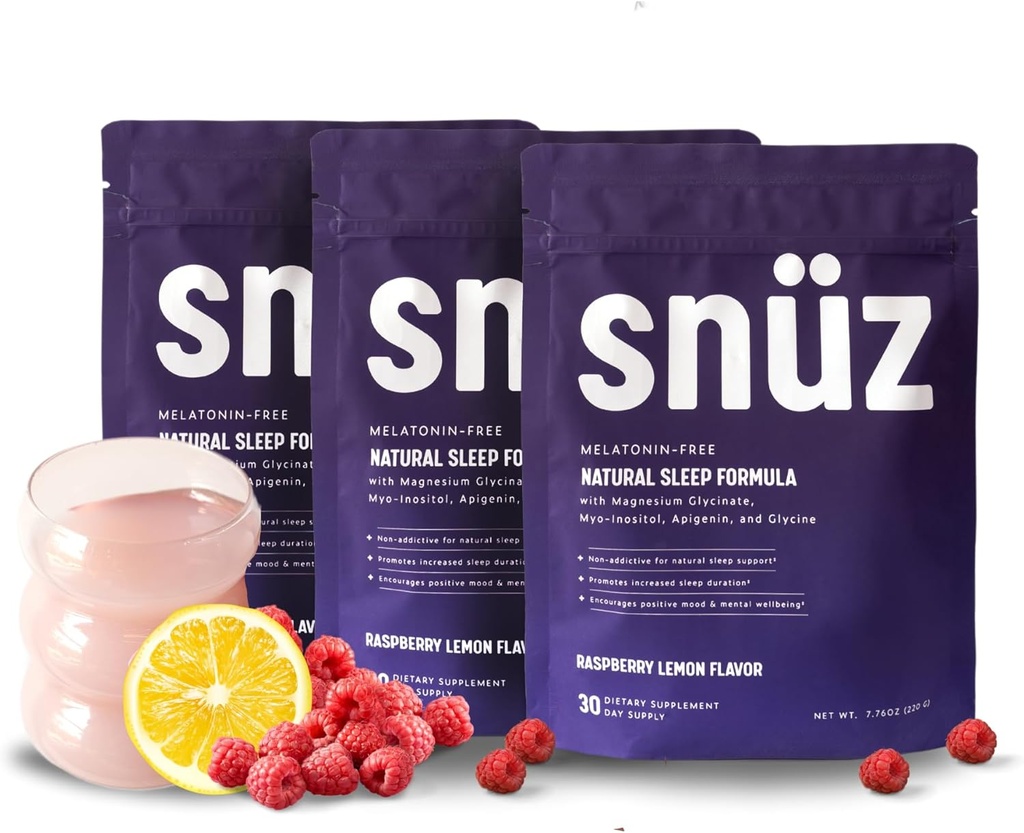 snüz Natural Sleep Support Supplement mit Magnesium Glycinate, Myo-Inositol, Apigenin & Glycine, Melatonin Free, Sleep Aid for Adults, Non GMO, Gluten Free, Vegan, Raspberry Lemon Flavor, 90 Svgs