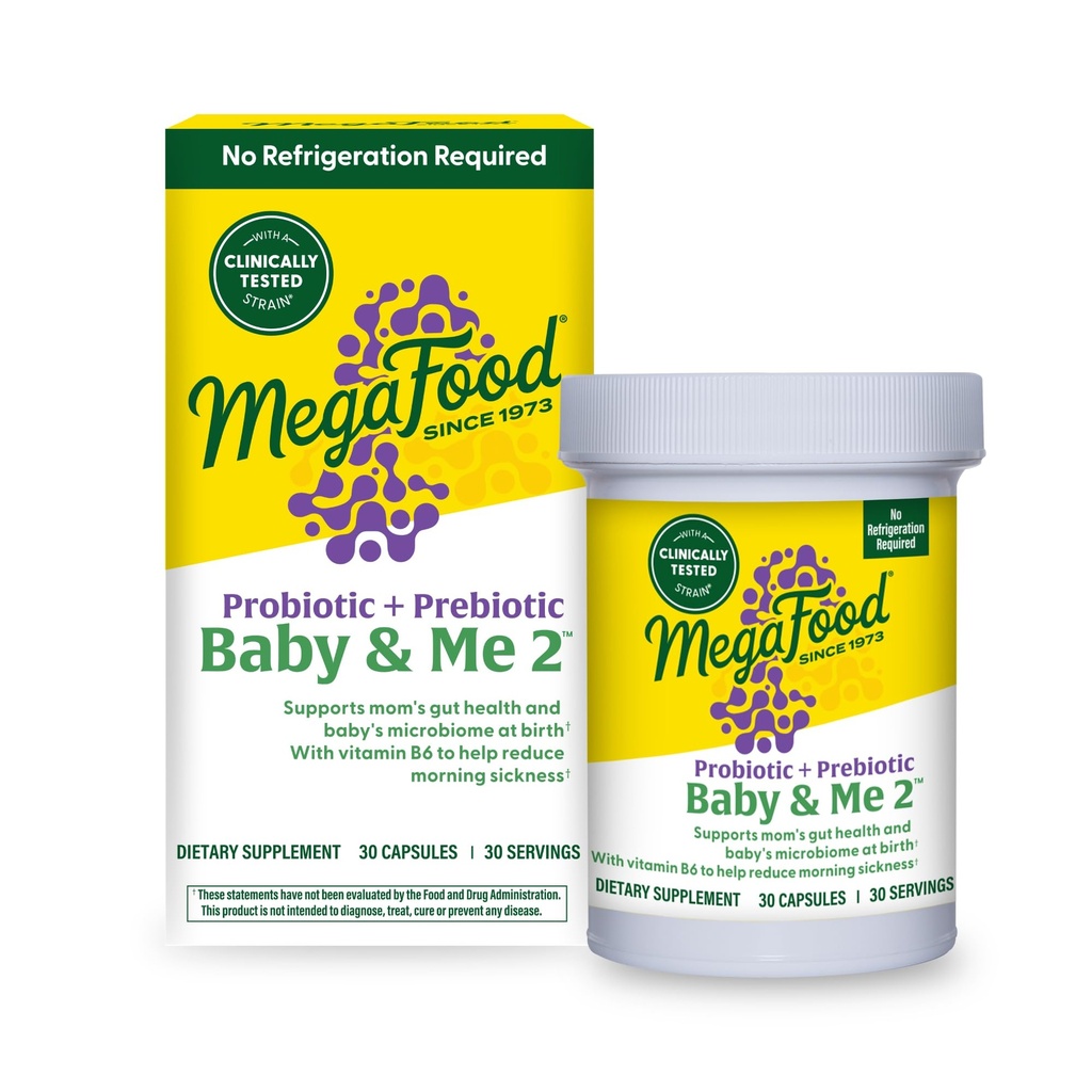 MegaFood Baby & Me 2 Pränatale probiotische, vegetarische Schwangerschafts-Präbiotika und Probiotika für Frauen, Verdauungs-Gesundheit und Immununterstützung mit Vitamin B6 für Morgen Krankheitsentlastung, 30 Kapseln