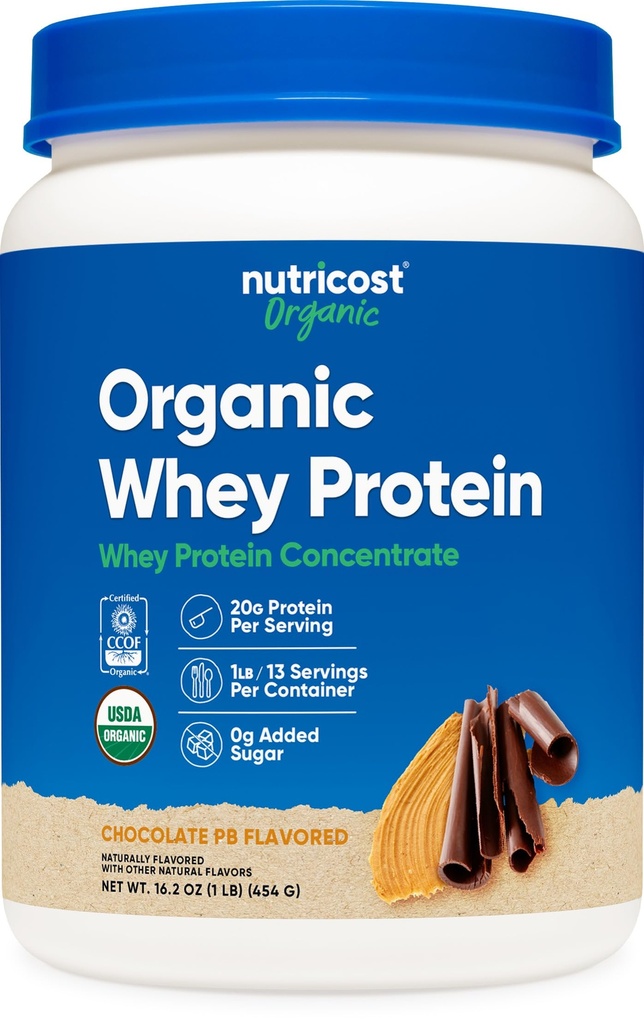 Nutricost Organic Whey Protein Concentrato, Burro di arachidi al cioccolato aromatizzato, (1LB) - Senza glutine, Non OGM