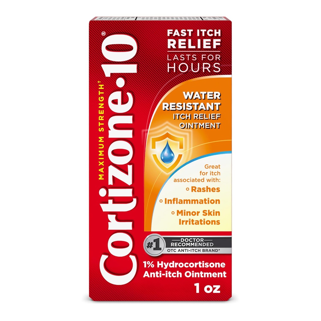 Cortizone-10 Massima resistenza dell'acqua resistente Itch Relief Ointment, 1% Hydrocortisone, Fast-Acting, Anti-Itch Crema per Bug Bites, Rash, Eczema, Psoriasis, Poison Ivy, Oak, Sumac & More, 1 oz