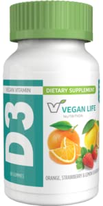 Vegan Life Nutrition - Vitamine D3 Gummies pour les enfants et les adultes (1000 UI) - Sans gluten, sans OGM, soutient la santé osseuse et le système immunitaire - 60 Gummies