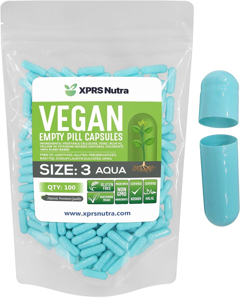 XPRS Nutra Größe 3 Leere Kapseln - 100 Count Vegan Pillen - Vegetarische leere Pillen Kapseln - DIY Gemüse Kapsel Füllung- Veggie Pillen Caps (Aqua)