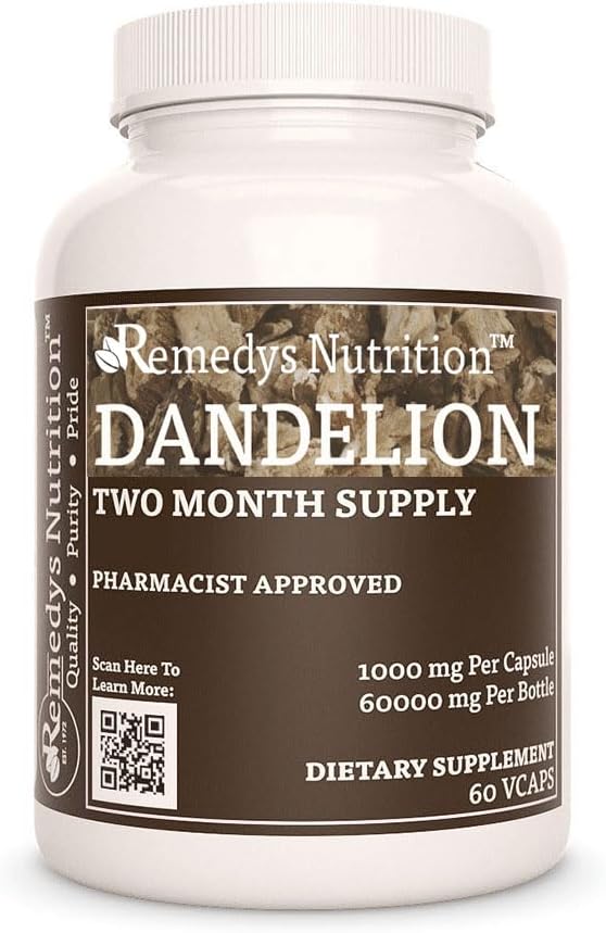 Remedys Ernährung Dandelion Wurzel | 1.000 mg, 60 Vegan Kapseln pflanzliche Nahrungsergänzung | Zwei Monate Versorgung