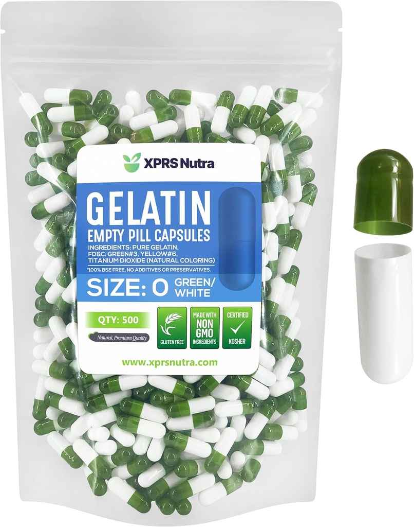 XPRS Nutra Size 0 Capsule Vuote - 500 Conte Empty Gelatin Capsule - Pillole DIY Capsule Filling - Pure Bovine Pill Gel Caps per Do-It-Yourself Supplements (Green/White)