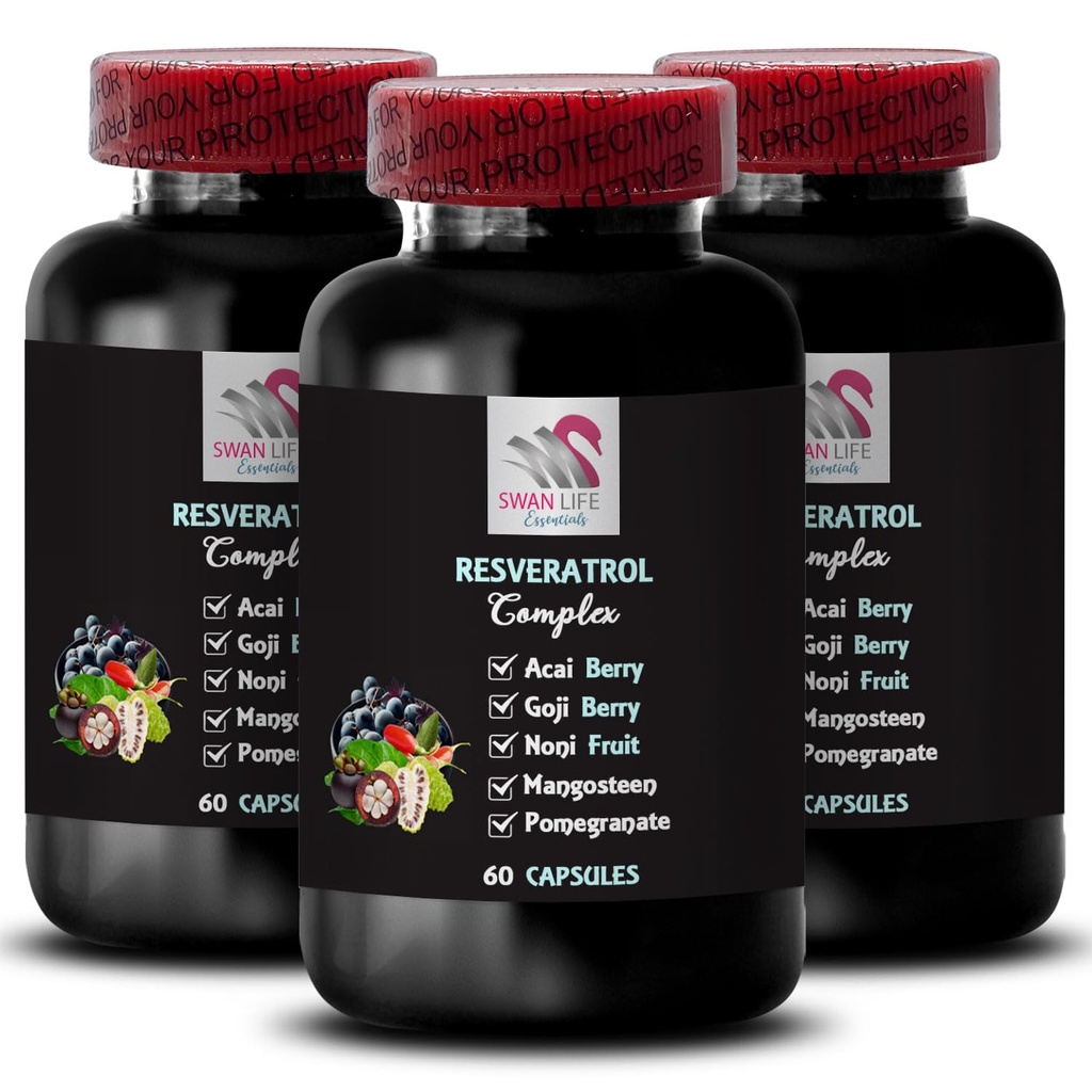 Avantages pour les baies - RESVERATROL COMLEX - Antioxydants quotidiens, Acai Berry Strength, Elderberry Boost, Grape Skin Boost, Pomégranate Energy, Goji Berry Power, Facteur d'hydratation 3 bouteilles 180 capsules