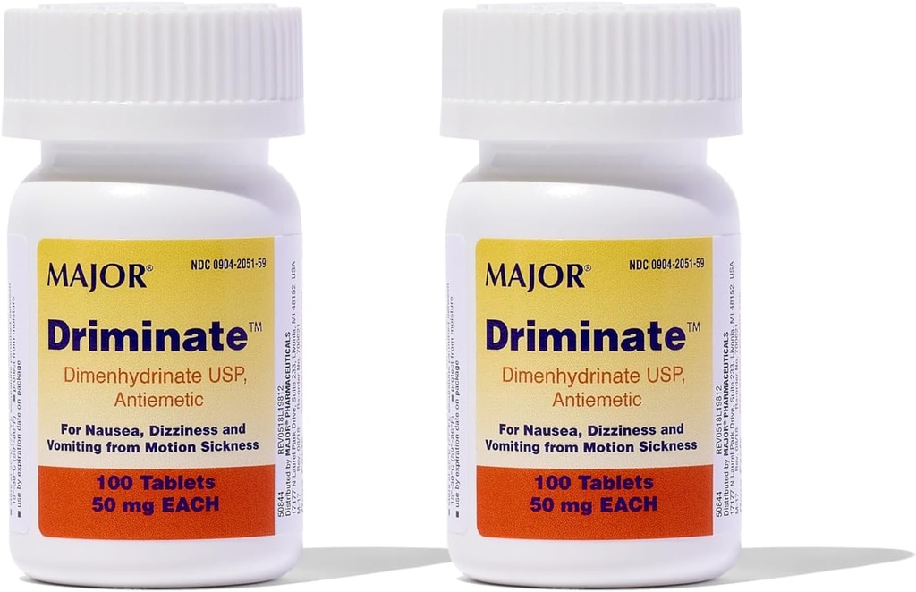 MAJOR Driminate - Dimenhydrinat 50mg Bewegungskrankheit Tabletten - Anti-Nausea Medizin - 100 Tabletten (2 Packung)