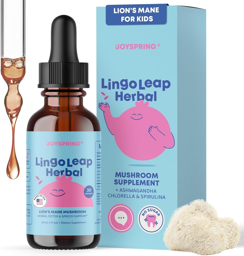 JoySpring Lions Mane für Kinder | Speech Delay Supplement für Kinder & Kleinkinder | Lion’s Mane Mushroom, Gotu Kola & Ashwagandha für Sprachtherapie & kognitive Unterstützung – Easy-Take Liquid | LingoLeap Kräuter