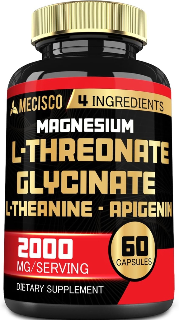 2000mg Magnesio L Threonate Supplemento con Magnesio Glycinate, L-teanina & Apigenin - 60 capsule - Mood positivo, salute del cervello, capacità di ricordare & sostegno della crescita muscolare