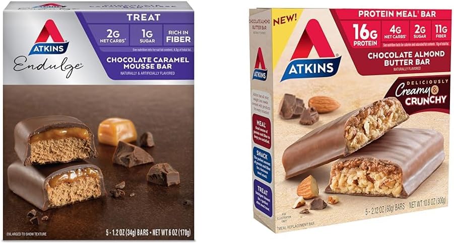 Atkins Endulge Chocolat Caramel Mousse Bar, Dessert Favoris, 1g Sucre, Haute en fibre, 5 Compte et chocolat Amande Butter Protein Bar, Keto Friendly, 5 Compte