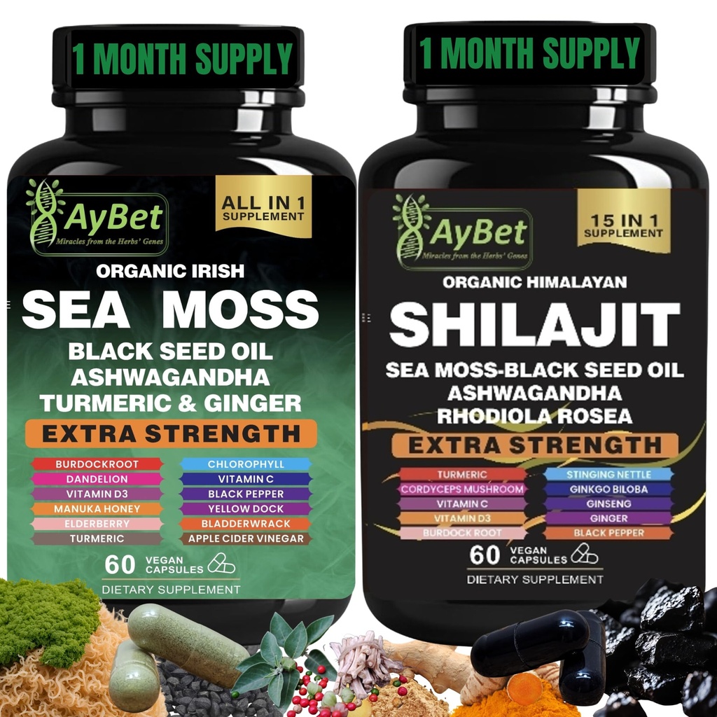 Sea Moss Shilajit Combo Bundle Capsule, Olio di semi neri, Ashwagandha, Rhodiola Rosea, Burdock, Turco, Ginger, VitC, VitD3, Tutto in un supplemento, 120 capsule, Halal, Vegan, USDA Organic