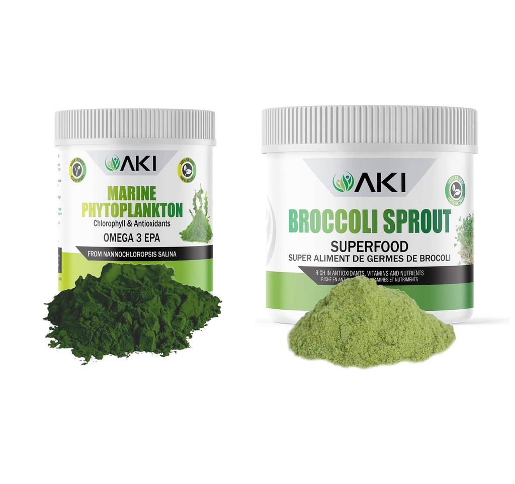 AKI Broccoli Sprout Powder (5.29oz / 150g) e Marine Phytoplankton Powder (2 Oz / 57G) - Proteine a base di piante & Ideale in Vitamine | Vegan & OGM Free