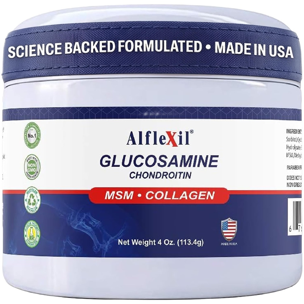 ALFA VITAMINS Alflexil Glucosamine Plus Chondroitin-Creme mit MSM & Collagen, unterstützt gesunde Gelenke, Gelenk- & Muskelschmerzen Relief, verbessert die Mobilität, schnelle Absorption und Feuchtigkeit Haut, 4 Oz.