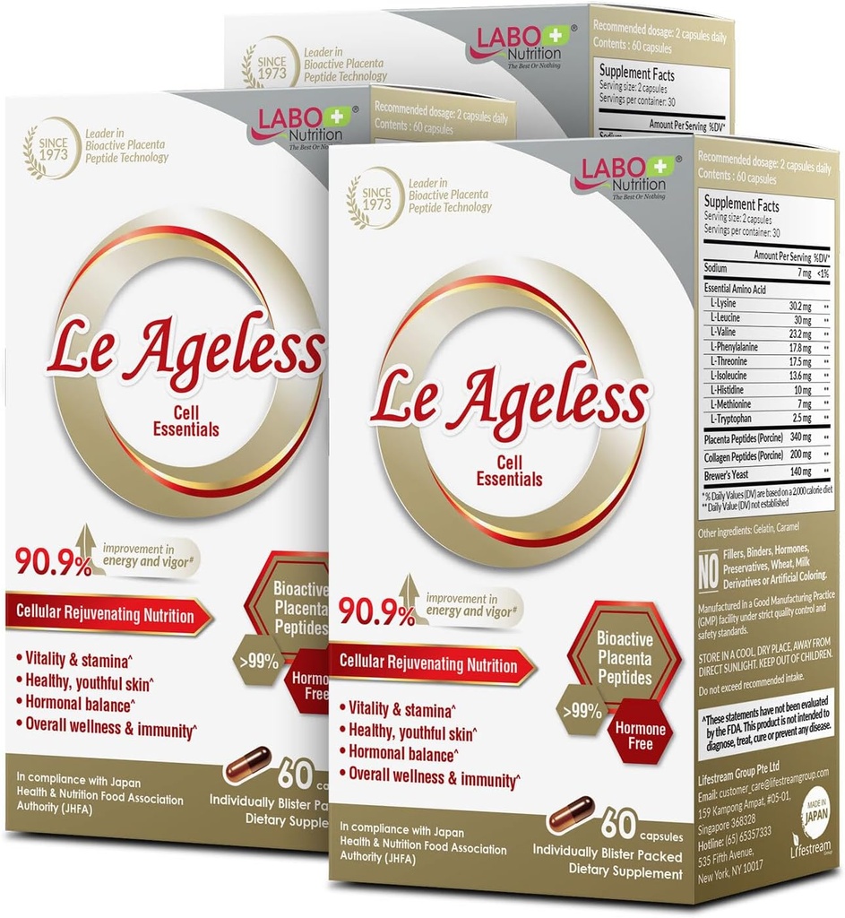 LABO Nutrition Le Ageless – Terapia ringiovanimento cellulare placenta dal Giappone – Migliorata con Peptide di collagene e Lievito di Brewer per sostenere la salute immunitaria, la rigenerazione della pelle, l'antiinvecchiamento – 60 capsuleX3