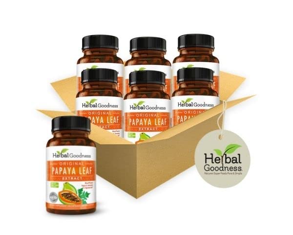 Papaya Blatt Extrakt Kapseln 10X Stärke - 60/600mg Veg Kapseln- Blut-Platelet, Knochen Marrow & Spleen Unterstützung, Immun Gut & Super Digestive Gesundheit - Kräuter-Güte (Pack von 6)