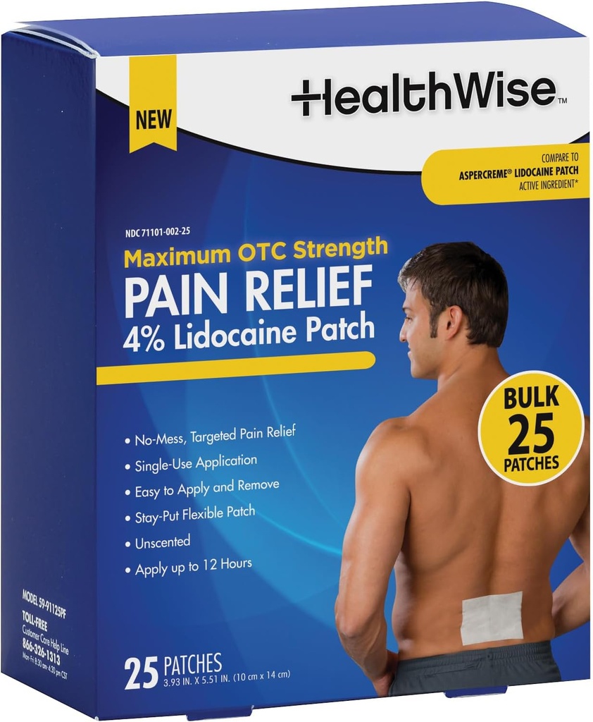 HealthWise 4% Lidocaine Pain Relief Patch | Maximum OTC Stärke | 25-Count | 3.93” x 5.51” | Beruhigt Minor Aches und Schmerzen | Odor Free | Topical Anesthetic | Einfache Anwendung flexible Klebstoff