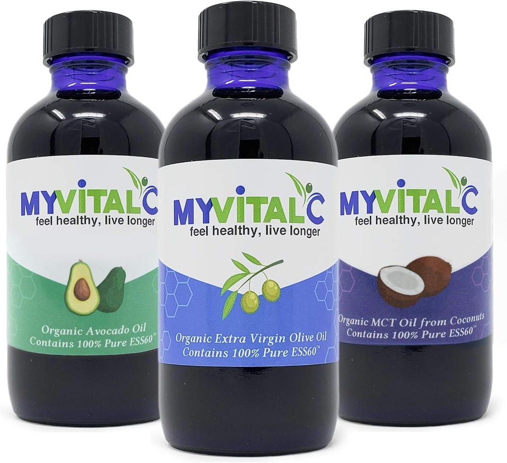 MyVitalC Combo of Organic Extra Virgin Olivenöl, MCT & Avocado Öl - ESS60 Antioxidante Ergänzung - Für Anti-Aging, Langlebigkeit, Schlaf, Energie - Paket von 3