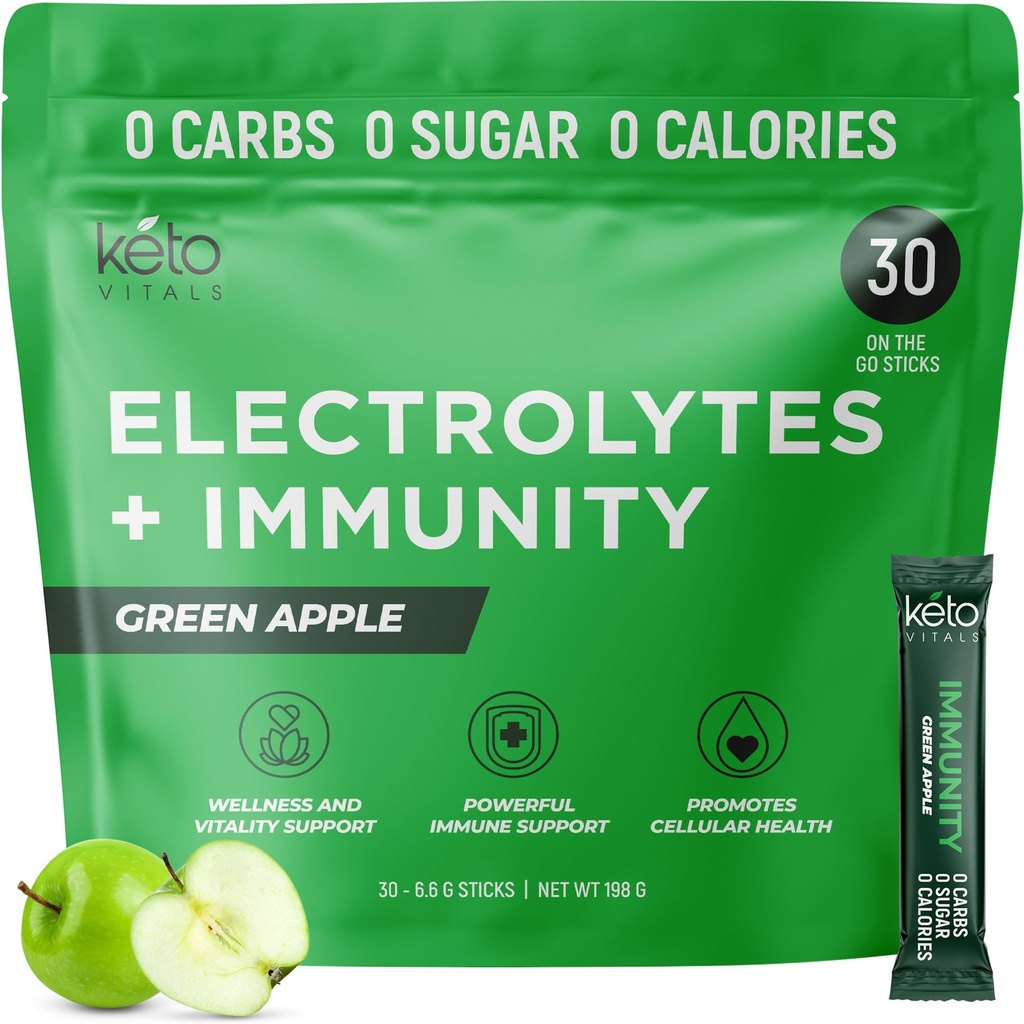 Keto Vitals Immunität Zucker Freie Elektrolyte Pulver mit Vitamin C, Ginger, Turmeric, & Elderberry - Steigern Sie Ihr Immunsystem und hydratisieren Sie Ihren Körper - Grüne Apfel Geschmack, 30 Zähler