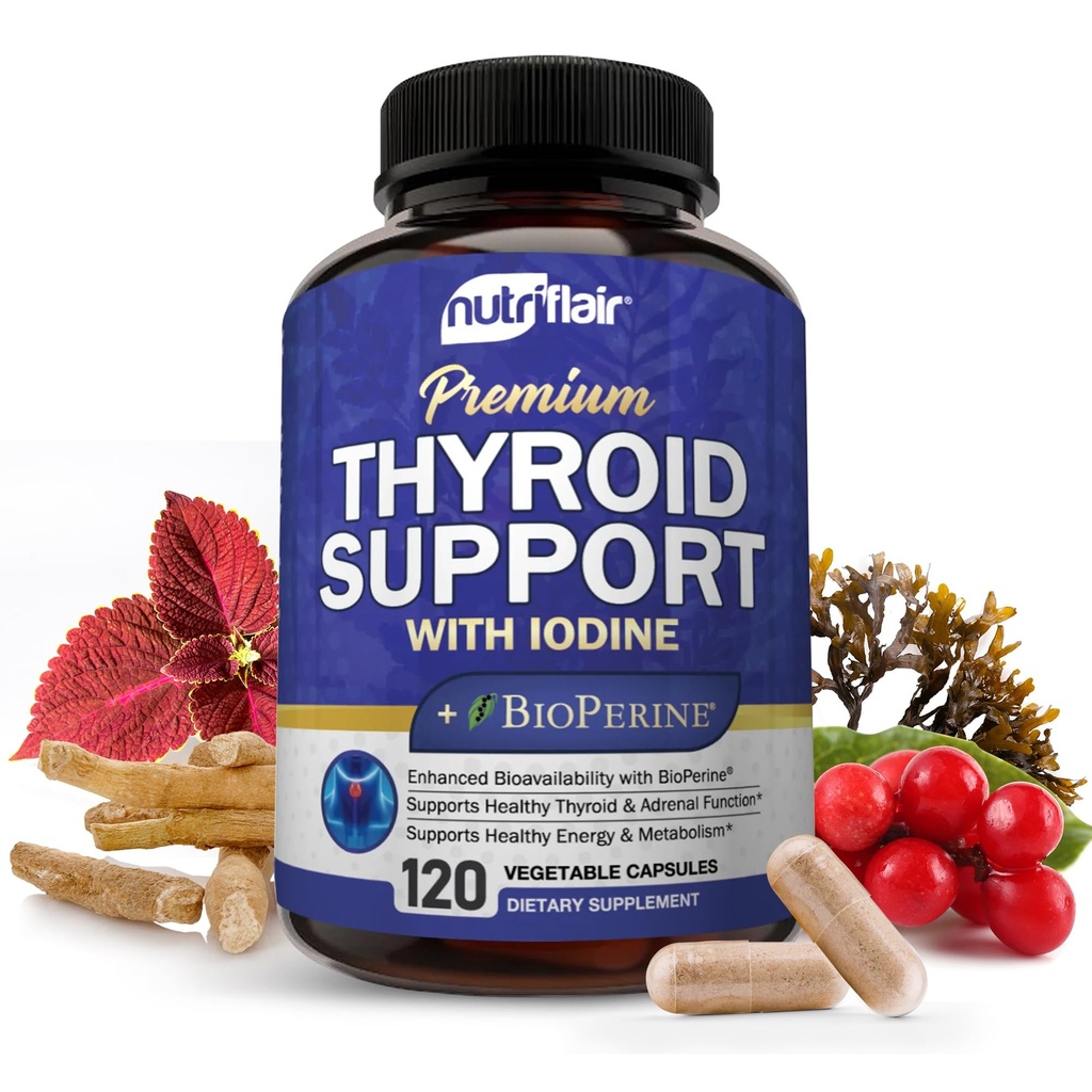NutriFlair Thyroid Support Complex, 120 Kapseln - mit Jod, schwarzem Pfeffer, Ashwagandha, Vitamin B12 - Schilddrüsenergänzung für Damen und Herren