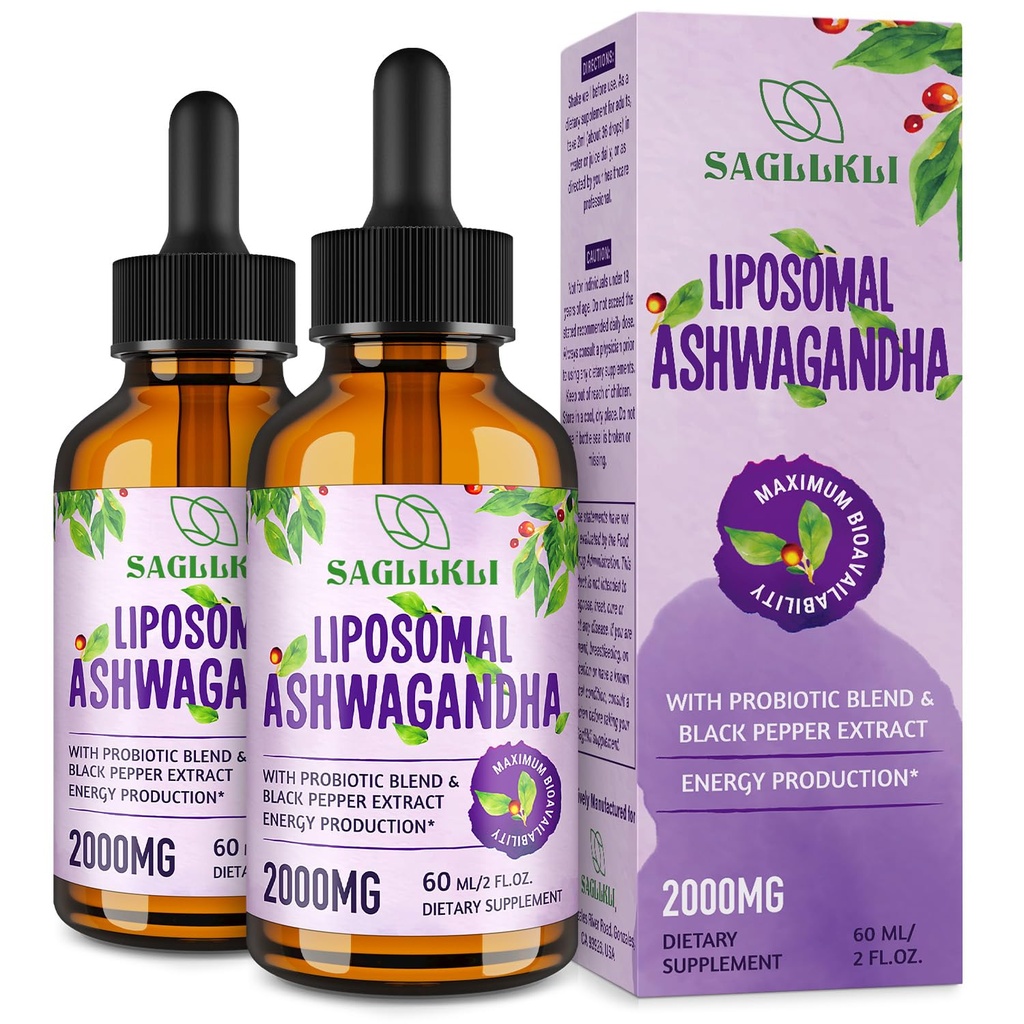Liposomique Ashwagandha gouttes liquides 2000mg, supplément d'extrait de racine Ashwagandha (7% Withanolides) avec extrait de poivre noir et probiotiques pour focus, cognition et énergie - 4 FL.OZ (2 bouteille)