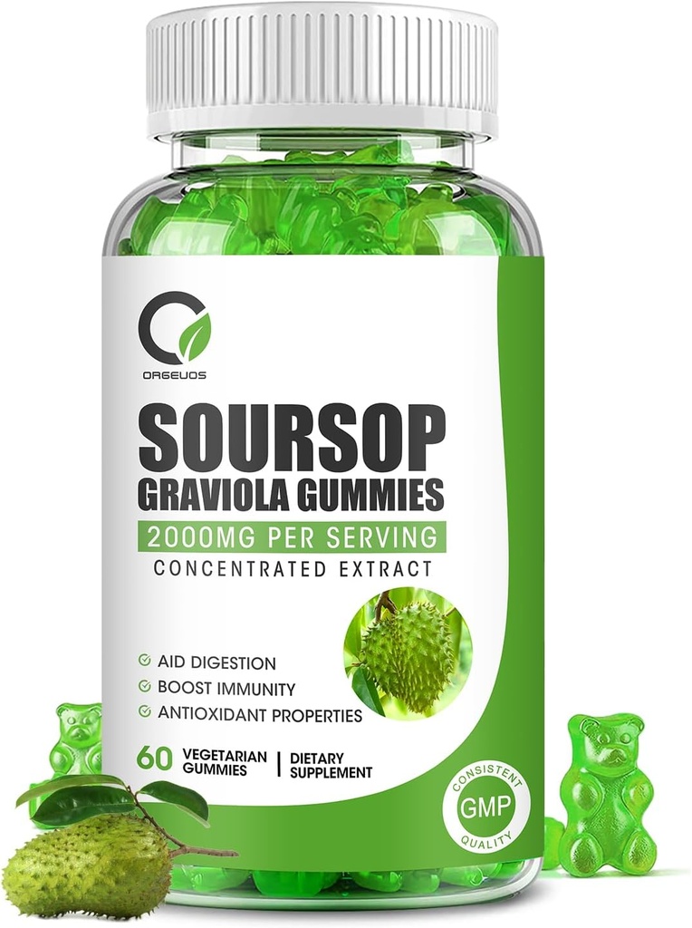 Gommies de Sourop Graviola, Feuilles de Sourop biologique et extrait de graines avec vitamine C, zinc, aide digestive, soutien immunitaire et propriétés antioxydantes, sans gluten, végétalien, 60 gommies