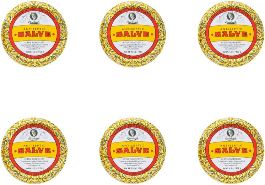 Rawleigh Antiseptic Salve Iconic Yellow Big Tin: 4,5 oz, Multi-Purpose Ointment Soothes Cuts, Bruises, Irritations, mit Turpentine, Phenol, Baumwollsaatöl & Paraffin, Original Formula - Pack of 6