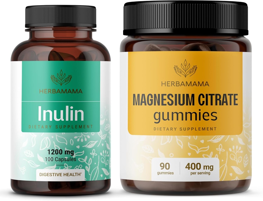 HERBAMA Inulin and Magnesium Kit - Bundle von 1200 mg Inulin Fiber Capsules & 400 mg Magnesium Citrate Gummies - Vegan, Non-GMO, Gelatinl-Free - 2 Pack