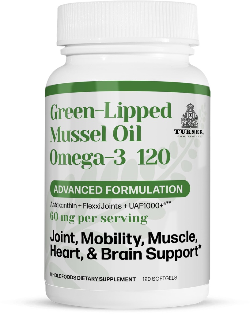 TURNER Nuova Zelanda Verde Lipped Omega-3 Mussel olio, 53x maggiore potenza con UAF1000+ Super antiossidante per il comfort e la mobilità delle articolazioni superiori, No Fishy Aftertaste, 1 bottiglia, 120 Softgels