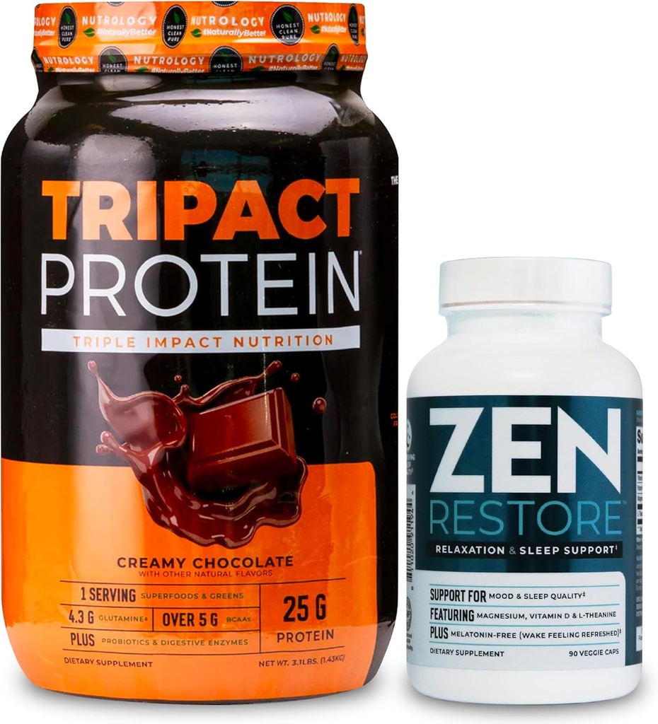 Nutrologia TRIPACT Protein Powder, 7-in-1 Meal Sostituzione Shake, Cioccolato cremoso (40 Serve) Zen Natural Magnesium Supplement (30 Serve)
