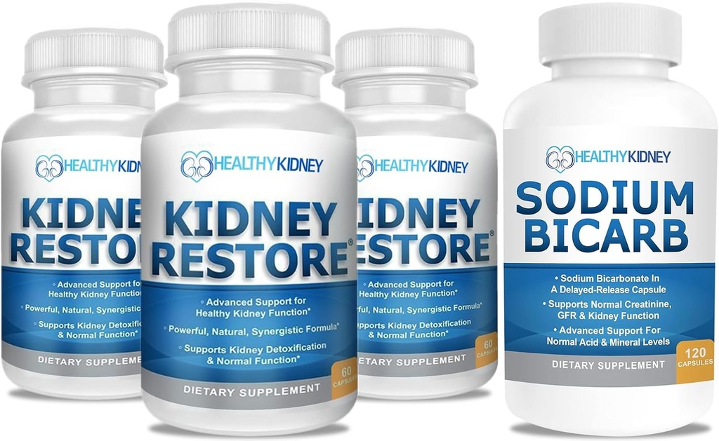 3 Pack Natural Kidney Cleanse zur Unterstützung von Kidney-Funktion und Detox, 60 Kapseln + Natriumbicarbonat 650mg Kapseln verzögerte Freigabe für die Unterstützung normaler Kidney-Funktion & Kidney Health Supplement